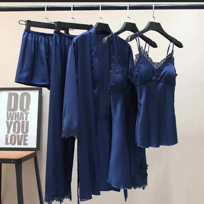 Blue Imported Lace Style Complete 5-Pcs Silk Nightsuit. Main image