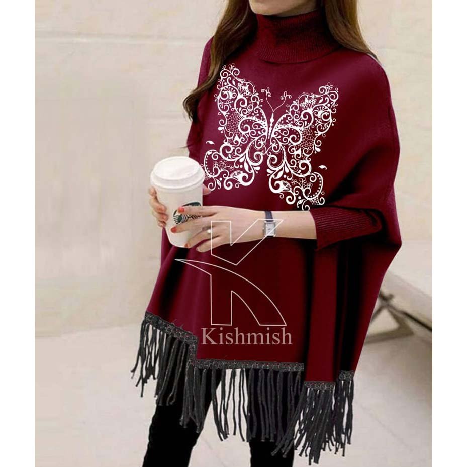 Butterfly Printed Bat-Wing Style Viscose Poncho. Secondary image
