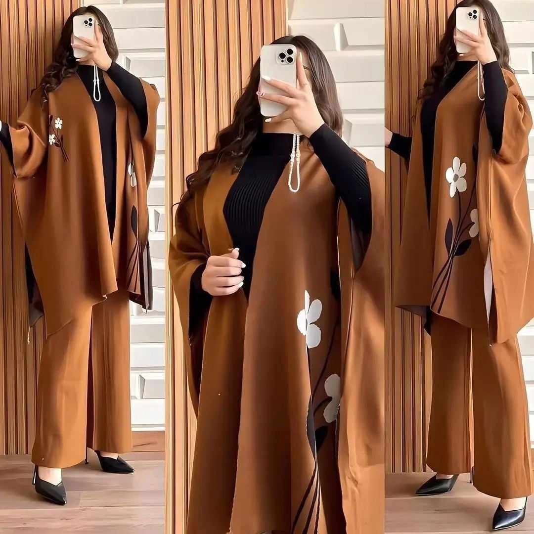 Brown 3-Pcs Flower Printed Winter Co-Ord Suit. Main image