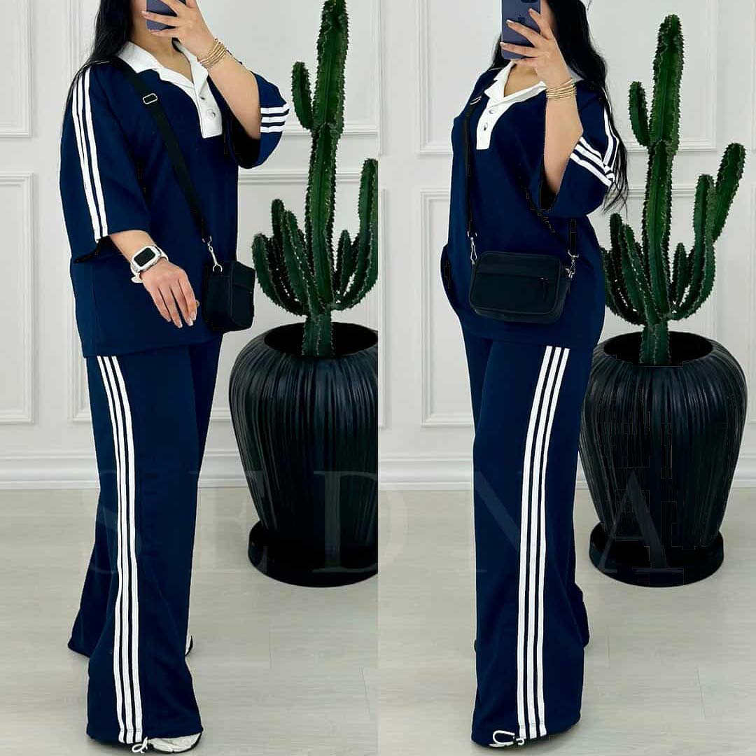 Contrast Collar 3-Stripe Style Western 2-Pcs Summer Tracksuit For Her. WSTS-06 Secondary image