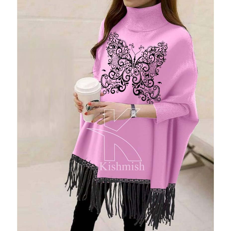 Butterfly Printed Bat-Wing Style Viscose Poncho. Main image