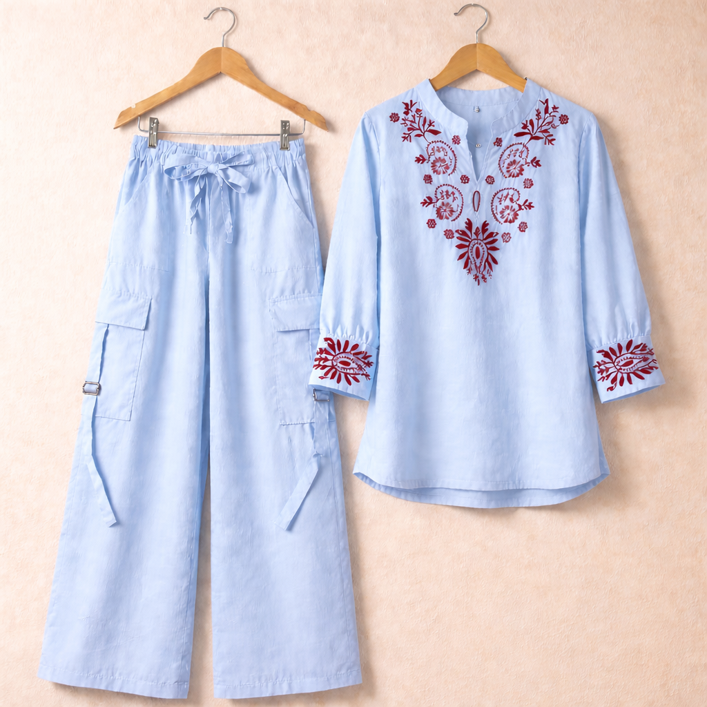 Cotton Embroidered Western Shirt & Cargo Style 2-Pcs Stiched Co-Ord Set. KML-05