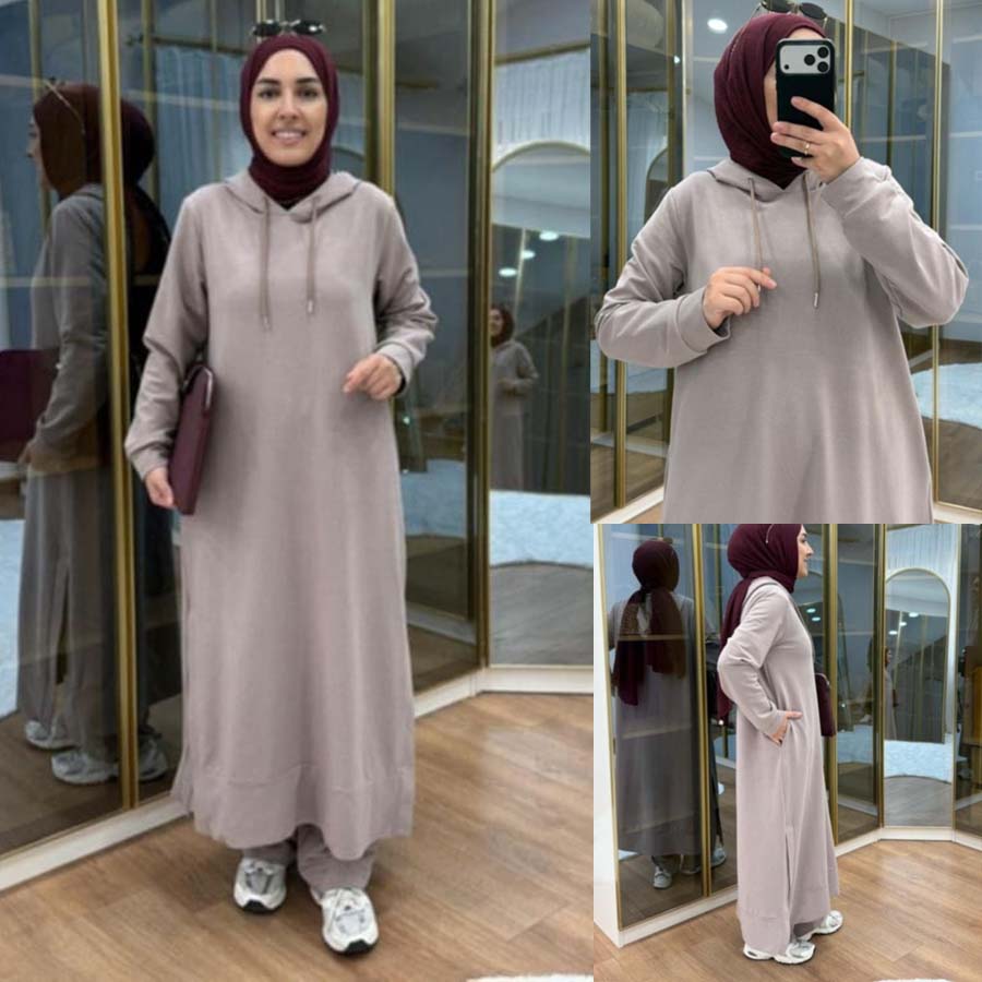 Long Pull-Over Hooded Abaya Style 2-Pcs Winter Suit. WWTS-51 Secondary image