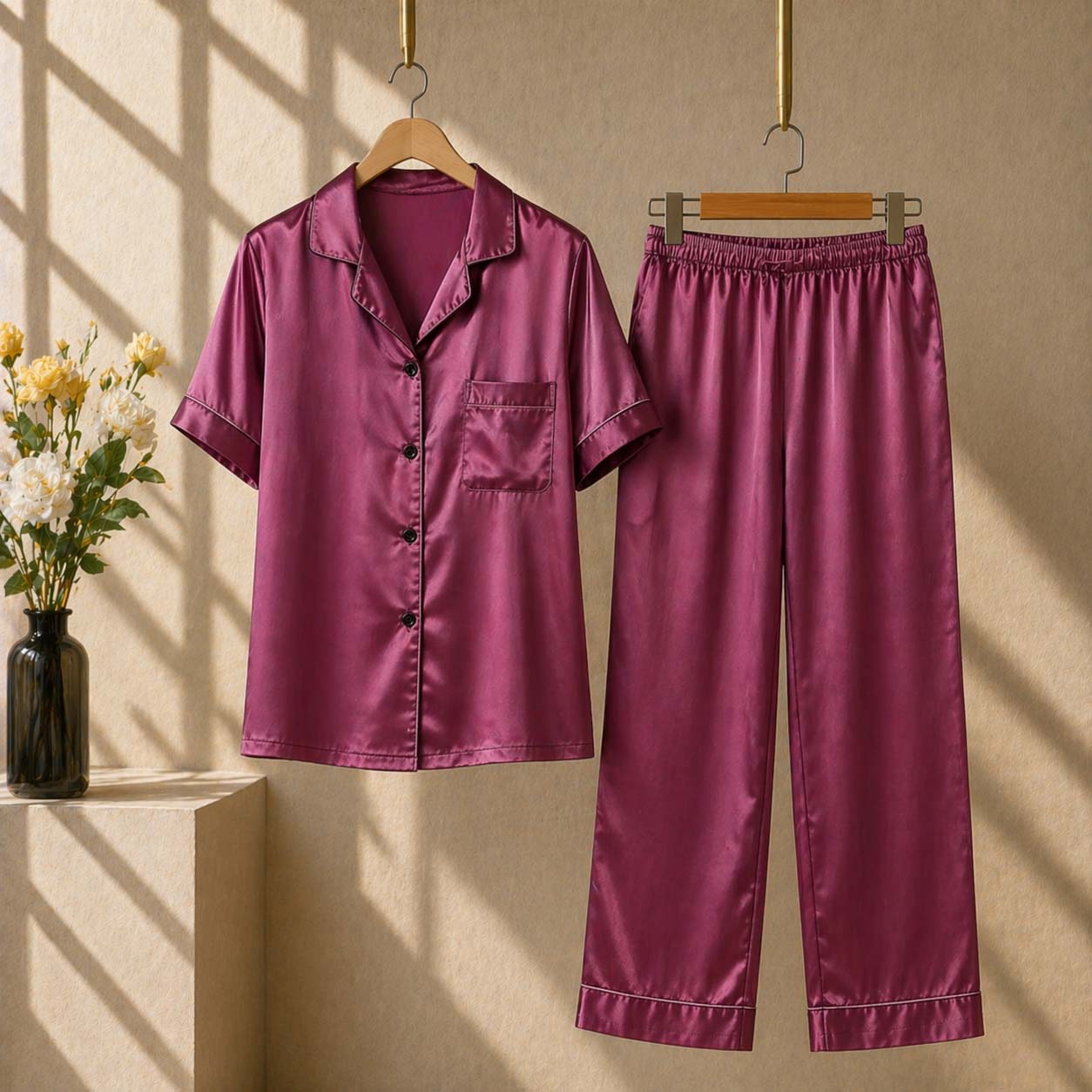 Imported Regular Style Unisex 2-Pcs Silk Nightsuit. (H-Sleeve+Pajama) Main image