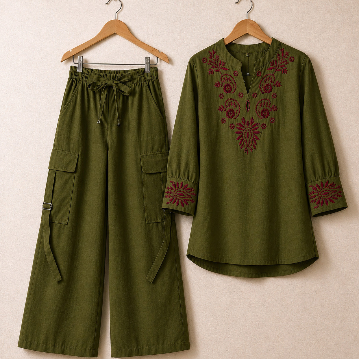Cotton Embroidered Western Shirt & Cargo Style 2-Pcs Stiched Co-Ord Set. KML-05
