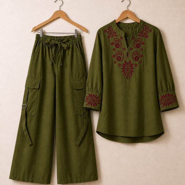 Cotton Embroidered Western Shirt & Cargo Style 2-Pcs Stiched Co-Ord Set. KML-05