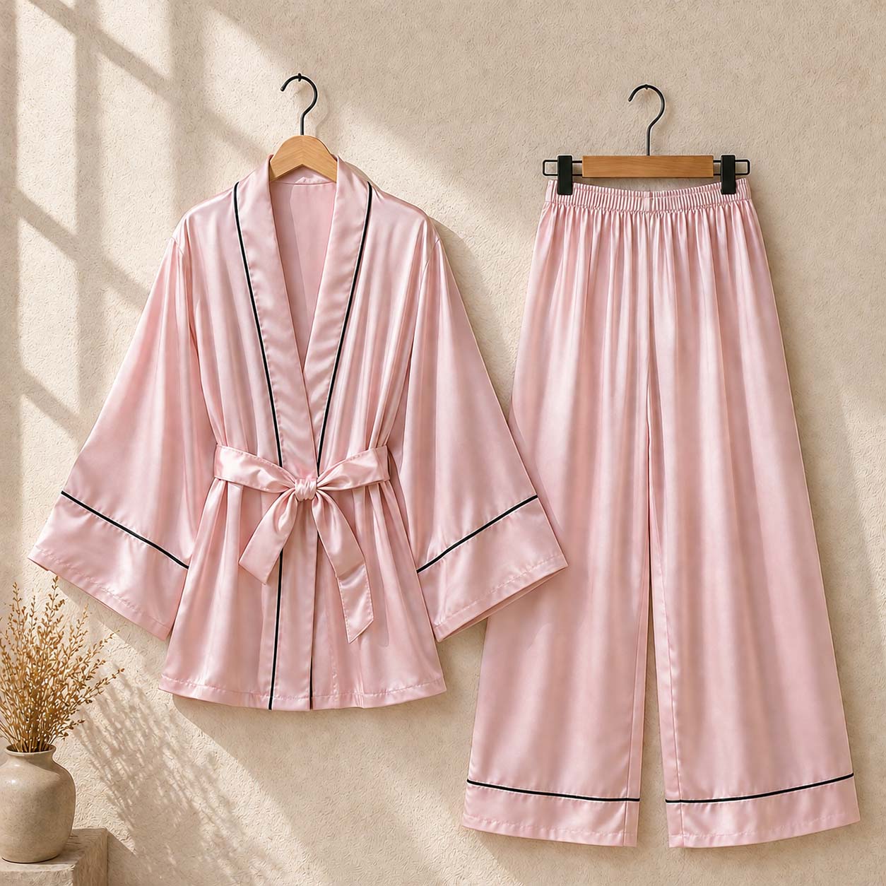 Imported Tipping-Gown Style 2-Pcs Silk Nightsuit. (Gown-Pajama) Main image