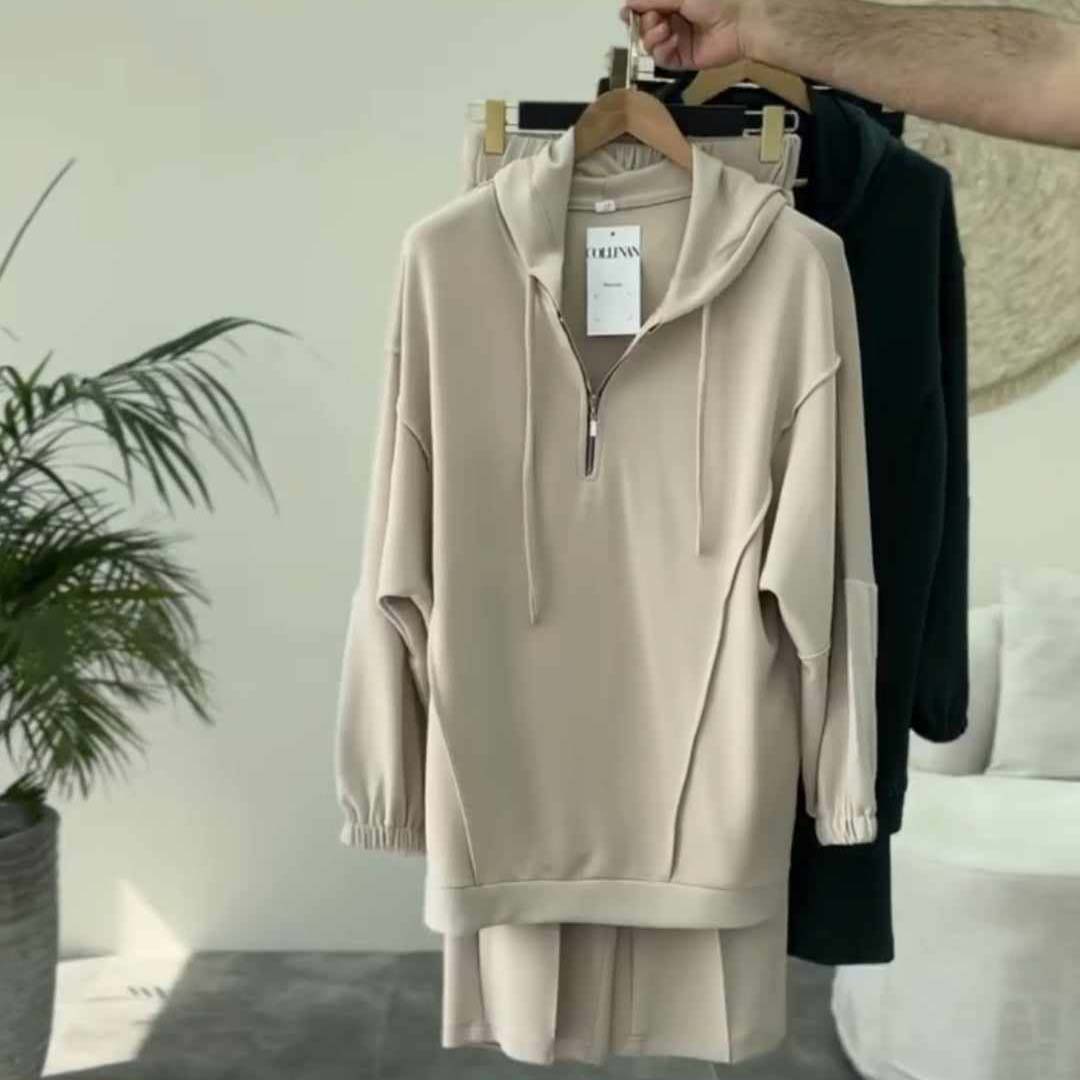 Drop-Shoulder Short Zip Hoodie Style Premium Quality Winter 2-Pcs Tracksuit For Her. WWTS-09 Main image